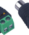 Smooth As Butter Rca To Av Screw Terminal Connector Speaker Wire To Rca Adapter, two black connectors with green terminals.