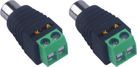Smooth As Butter Rca To Av Screw Terminal Connector Speaker Wire To Rca Adapter, two black connectors with green terminals.