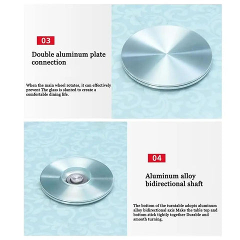 Bombproof Tempered Glass Lazy Susan Turntable showing double aluminum plate and bidirectional shaft for smooth rotation.