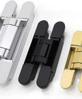 Heavy Duty Concealed Hinge For Folding Wood Doors And Cabinets With Smooth Operation built like a boss in silver, black, and gold finishes.