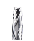 Precision Professional Grade Heavy Duty 2 Flute Compression Spiral Carbide Router Bit Cuts Slick As Glass On Plywood And Mdf Zero Tear Out And Delivers Sharp Edge Cleanup, close-up view highlighting spiral design.