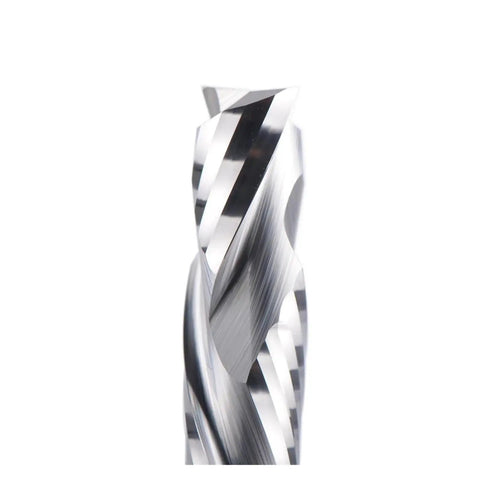 Precision Professional Grade Heavy Duty 2 Flute Compression Spiral Carbide Router Bit Cuts Slick As Glass On Plywood And Mdf Zero Tear Out And Delivers Sharp Edge Cleanup, close-up view highlighting spiral design.