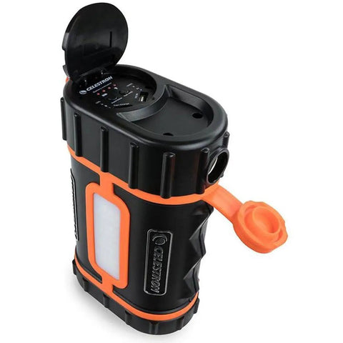 PowerTank Lithium Pro Telescope Battery Portable Go-To 12V Power Supply with USB ports and LED light, open cover view