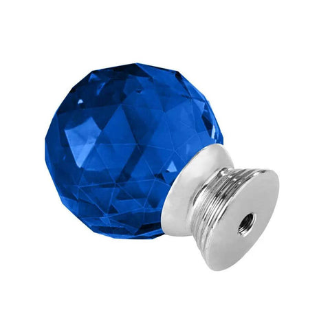 Twelve Pack Of 30mm Round Blue Crystal Glass Cabinet Knobs With Sleek Chrome Hardware Screws Included For Kitchen Cupboard And Dresser No Sweat Install Smooth Moving Home Decor - close-up of a blue glass knob.