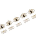 5 Pack ABS Door Roller Catch Kit for cabinets, cupboards and closets with spring loaded mechanism, top view of hardware set.