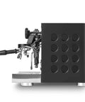 Top Shelf Espresso Machine And Heavy Duty Conical Burr Coffee Grinder Duo Featuring E Six One Group Head Heat Exchanger side view showing compact design.
