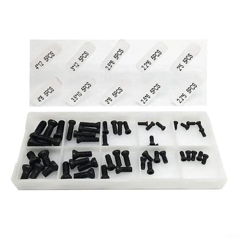 No Fuss Rock Solid Heavy Duty Carbide Insert Fixing Screw Set For CNC Lathe Tool Holders With M2 M2.5 M3 M3.5 M4 Sizes 50 Pieces in a storage box.