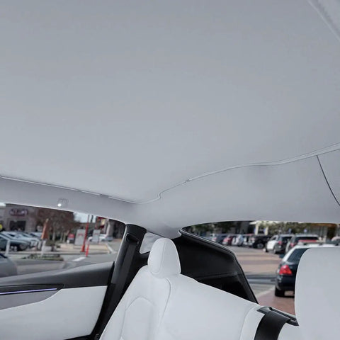 Tesla Model Y Roof Sunshade Full Blackout With Graphene Enhanced UV Coating And Silver Reflective Layer installed interior view