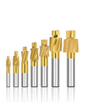 WZFC counterbore end mill set; nine gold-coated cutters with silver shanks for metal milling (front view).