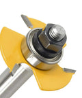 Close-up of Pro Grade 1/2 Inch Shank Adjustable Three Wing Router Bit Set showing carbide blades and shank.