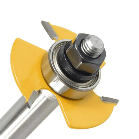 Close-up of Pro Grade 1/2 Inch Shank Adjustable Three Wing Router Bit Set showing carbide blades and shank.