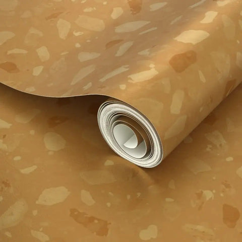 Modern Terrazzo Gold Metallic Wallpaper For Living Room Accent Wall Eco Friendly Vinyl Wall Covering Class A Fire Rated Paste The Wall Application Next Level Home Decor Made In Usa slick finish rolled up.
