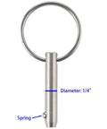 Quick release pin with ring, 1/4 in diameter, 1 in usable length, stainless steel marine hardware