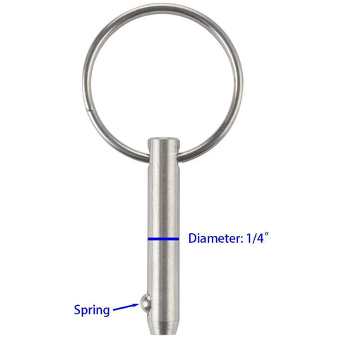 Quick release pin with ring, 1/4 in diameter, 1 in usable length, stainless steel marine hardware