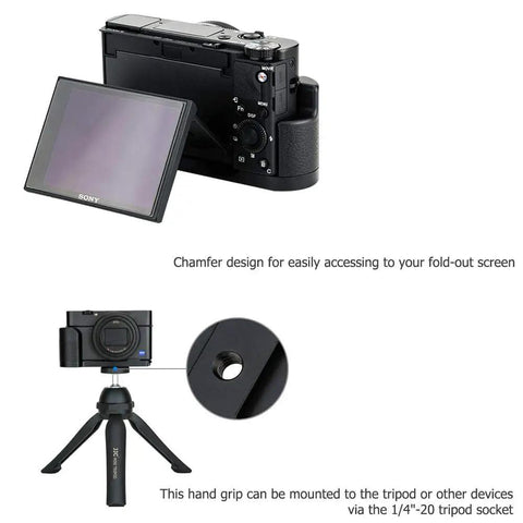 Beefy Solid Metal Hand Grip Bracket With Anti Slip Pads For Sony RX100 VII RX100M7 Camera shown with fold-out screen and tripod socket.