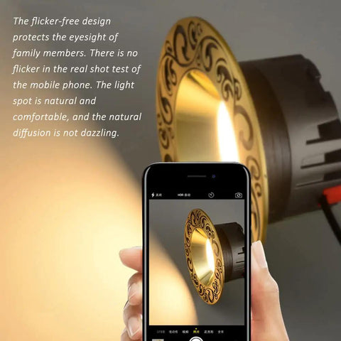 8 Pack Brass Recessed Ceiling Downlights 4 Inch 5 Inch Eyeball Spotlights shown in use with mobile phone, highlighting glare-free glow.