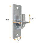 Two Pack One And Three Eighths Inch Wall Mount Gate Hinges Heavy Duty Metal Hinges For Fence Posts And Chain Link Fences With Screws Included Outdoor Gate Hardware Built To Last, showing a single steel hinge with measurements