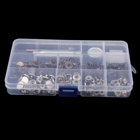 Leather Craft Snap Fasteners Kit With 12mm Brass Buttons Bronze And Silver, Includes Hole Punch And Anvil, 30 Sets And 2 Fixing Tools, Easy Shirt And Coat Repairs For Handy DIYers. plastic case with brass snap fasteners and tools