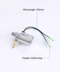 Heavy Duty 12V 24V Air Horn Solenoid Valve With Chrome Plated Metal Housing 1/4 Inch NPT 150 PSI Output For Trucks And Train Horn Systems DC Power Built To Last High Flow Fits 12V And 24V Electrical Setups, showing wire length and copper-nickel plug