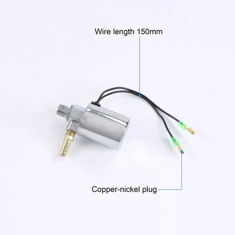Heavy Duty 12V 24V Air Horn Solenoid Valve With Chrome Plated Metal Housing 1/4 Inch NPT 150 PSI Output For Trucks And Train Horn Systems DC Power Built To Last High Flow Fits 12V And 24V Electrical Setups, showing wire length and copper-nickel plug