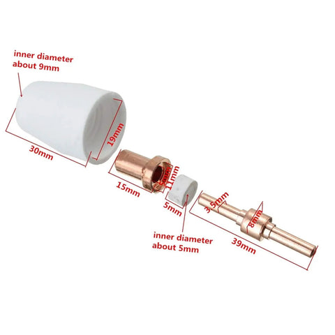 Premium Plasma Cutter Consumables Kit For PT-31 And PT-40 Torch Plus CUT-50 ceramic nozzle and copper components with dimensions.