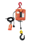 Remotely Controlled Portable Electric Winch Engine Hoist with hook and remote control for heavy duty lifting in garages.