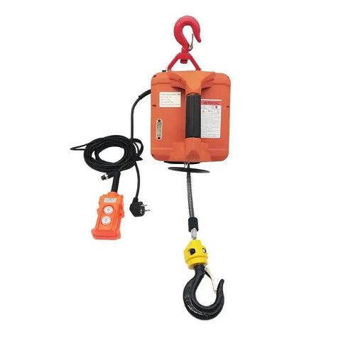 Remotely Controlled Portable Electric Winch Engine Hoist with hook and remote control for heavy duty lifting in garages.