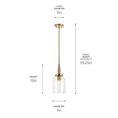 Top Shelf Champagne Bronze Mini Pendant Light With Clear Glass Shade For Kitchen Island. Dimensions: 15in height, 7in diameter.