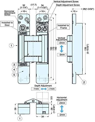 3 Way Adjustable Invisible Concealed Cabinet Hinge With Vertical Horizontal And Depth Adjustments, installation diagram.