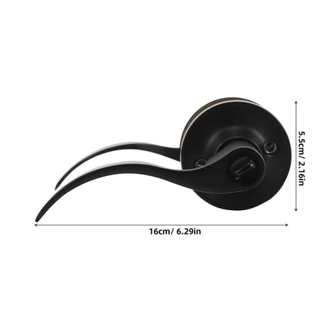 Quiet Operation Matte Black Door Lever Handle With Silent Technology And Wave Style Privacy Lock, side view with dimensions
