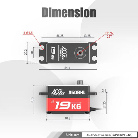 Dimensions of Low Profile Programmable Digital Servo With Beefy Torque And Brushless Full Metal Gear 0.073Sec Speed 25T Metal Horn for 1/10 RC Car Smooth 180 Degree Throw A50BHL.