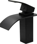 Single Lever Lav Faucet With Matte Black Finish, Waterfall Style, Solid Brass Construction shown from side view
