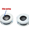 Industrial Grade V Groove Wheel 12 X 58 X 18 Millimeter Carbon Steel U Channel Roller for Wire Cable Systems, Clip spring detail.