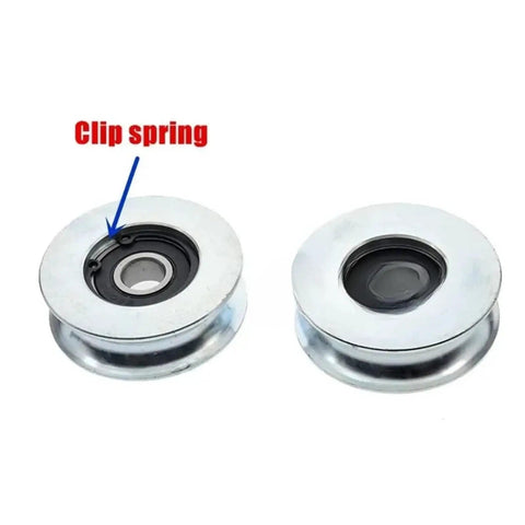 Industrial Grade V Groove Wheel 12 X 58 X 18 Millimeter Carbon Steel U Channel Roller for Wire Cable Systems, Clip spring detail.