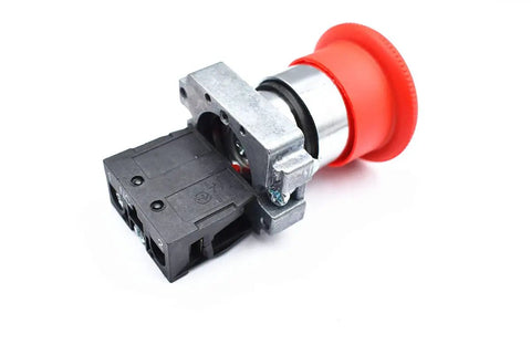 Red Mushroom Emergency Stop Button Switch 22mm NC Latching 600V 10A, side view of rugged stop button for machinery with plastic and metal construction.