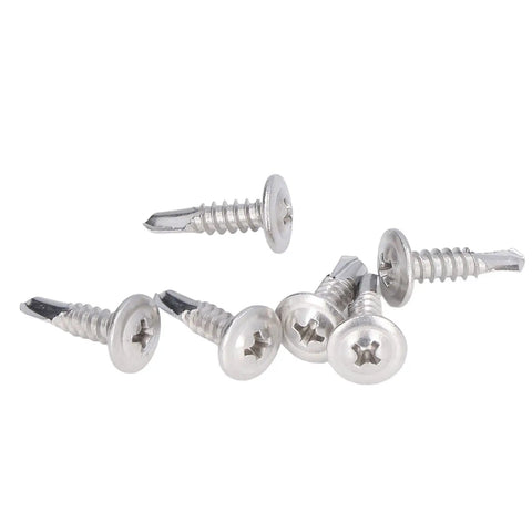 Rust-Proof 304 Stainless Self-Drilling Screw Set With Round Washer Head, M4.8x19 size, shown on white background