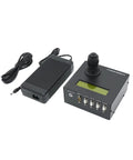 Stepper Motor Motion Controller That Just Works With LabVIEW Matlab And Python For 4 Axis Coordinated Motion Easy Programming And Precise Positioning For CNC Robots Prototyping And Real Time Feedback, black control unit with power adapter and joystick