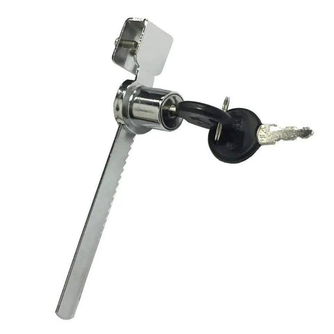 Sliding Glass Door Ratchet Lock In Chrome Finish, Keyed Alike For Showcase Displays, attached key visible, side view