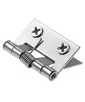 Close-up of Rotating Concealed Door Hinge Set Stainless Steel Spring Butt Hinges for Cabinets with screws, 26x31 mm, silver finish