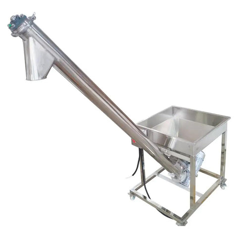 Automatic Screw Powder Feeding Machine Integrating Vibrating Hopper Inclined Conveyor 220V Heavy Duty industrial loader, stainless steel construction.