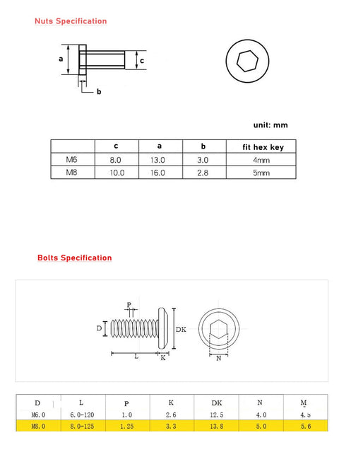 Diagram showing specifications of Rivet Countersunk Hex Socket Cap Bolts and Hex Head Barrel Nuts Kit for DIY Furniture Projects