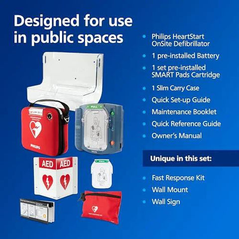 Front view of Philips HeartStart OnSite AED defibrillator value package with red unit and blue carrying case