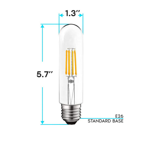T10 LED Bulbs 5W Equal 60W, 3000K Soft White Vintage Edison Filament Tubular Bulbs Damp Rated UL Listed, E26 Base dimensions