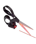 Amazon laser-guided fabric scissors, angled front view with black handles and stainless steel blades, red laser line.