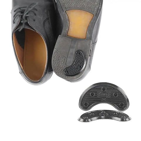 10 Pack Rubber Sole Heel Saver Pads For Shoes Taps Toe Plates DIY Glue On Repair Anti Slip Shoe Repair Pads For Women And Men Fits Any Shoe Durable Polyurethane Rubber Easy Install shown installed on black shoe soles.