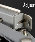 Close-up of adjustment screw on heavy duty vertical upflip door support with cold rolled steel lift up mechanism hinge.