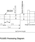 Processing diagram for C5 Grade SFU1605 ball screw, showing dimensions and nut orientation, BK12/BF12 ends, in millimeters.