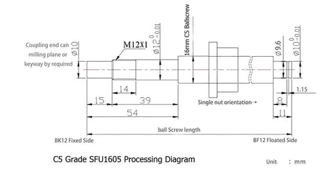 C5 Grade SFU1605 Processing Diagram with measurements for Top Shelf C5 Ground Precision Ball Screw 16mm SFU1605 2200mm