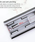 Close-up of the damping buffer feature on heavy duty soft close drawer slides set of 2 full extension ball bearing steel runners.