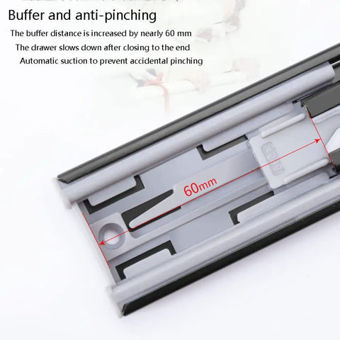 Close-up of the damping buffer feature on heavy duty soft close drawer slides set of 2 full extension ball bearing steel runners.